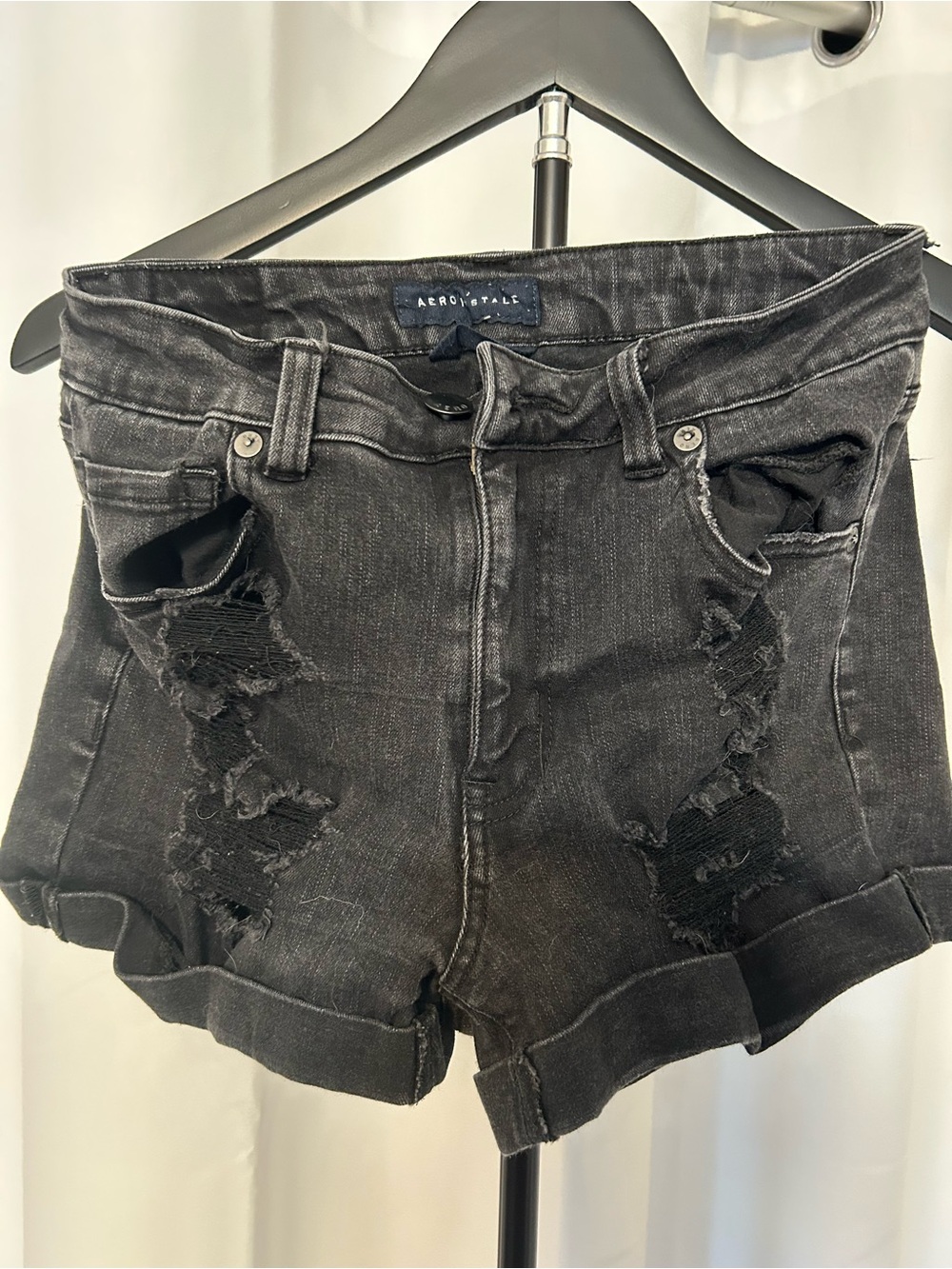 Aeropostale Black Distressed High-Rise Denim Shorts